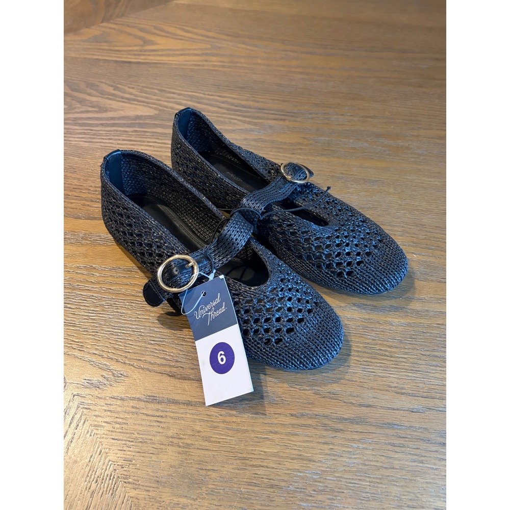 Universal Thread Womens Sia Woven Mary Jane Flats Black Buckle Strap Shoes 6